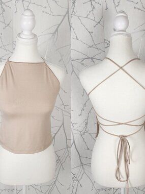 Reformation Beige Tencel Stretch Jersey Tie Backless Vevina Tank